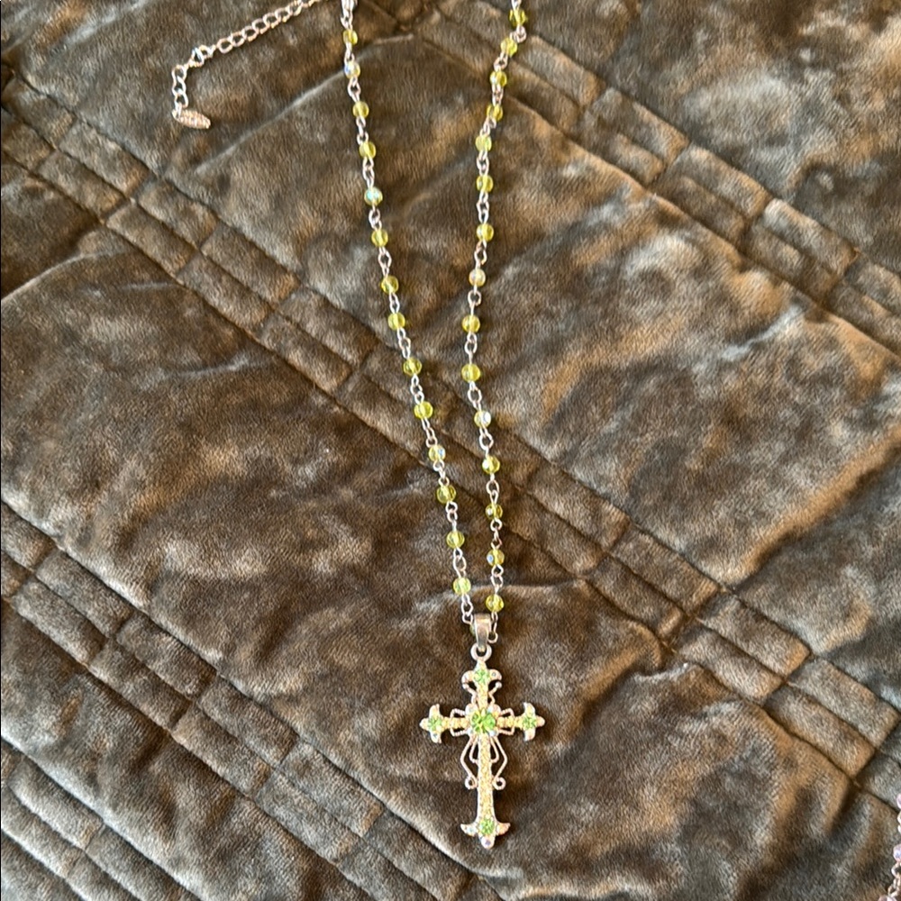 Elegant Silver and Green Cross Necklace